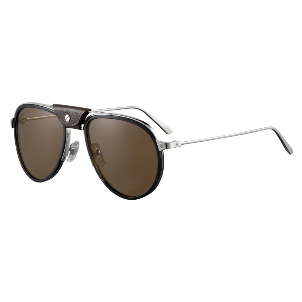 Cartier - Aviator - Metallo Corno Nero Carbonio Platino Marrone - Santos de Cartier - Occhiali da Sole - Cartier Eyewear