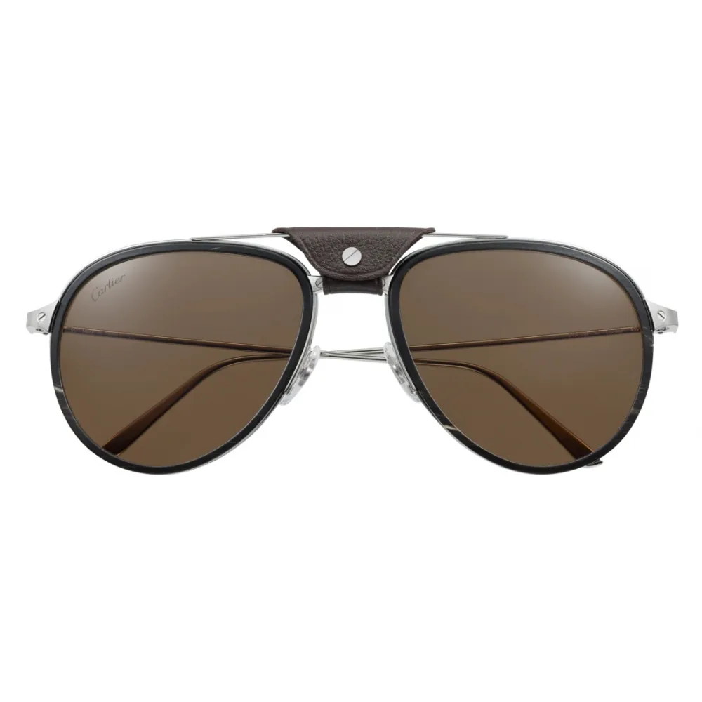 Cartier - Aviator - Metallo Corno Nero Carbonio Platino Marrone - Santos de Cartier - Occhiali da Sole - Cartier Eyewear