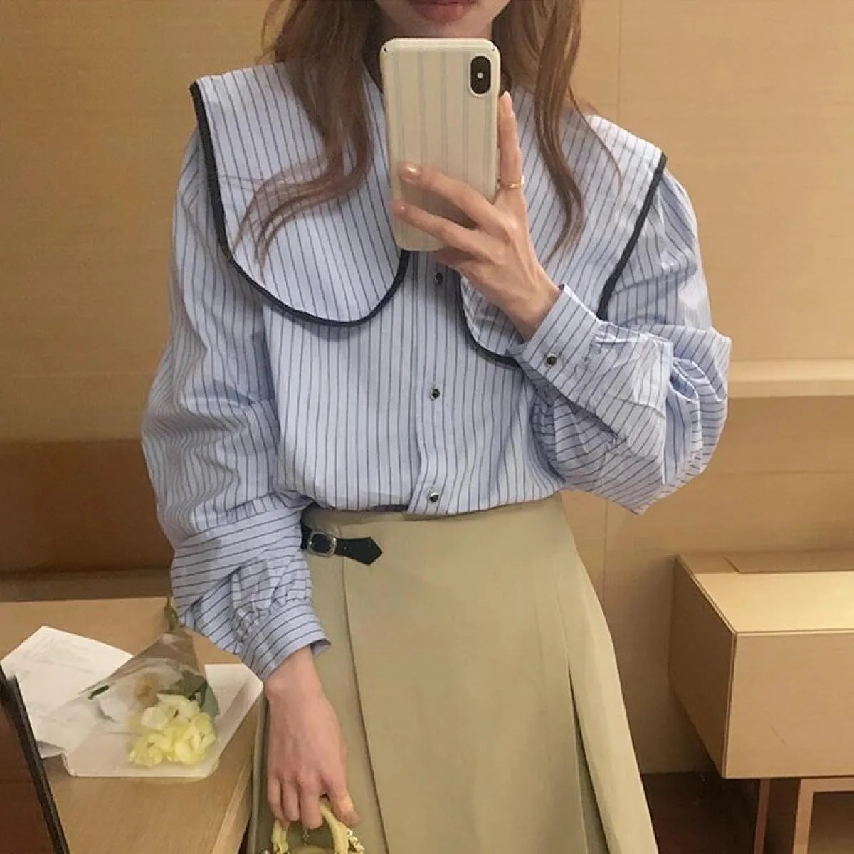 Chic autunno design di nicchia senso borsa colore bordo grande risvolto camicia casual a maniche lunghe a righe allentate da don