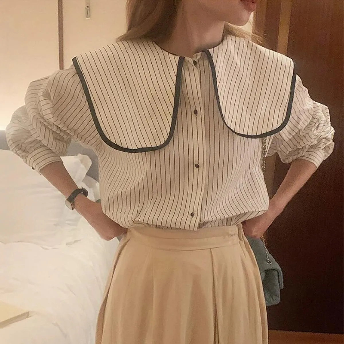 Chic autunno design di nicchia senso borsa colore bordo grande risvolto camicia casual a maniche lunghe a righe allentate da don