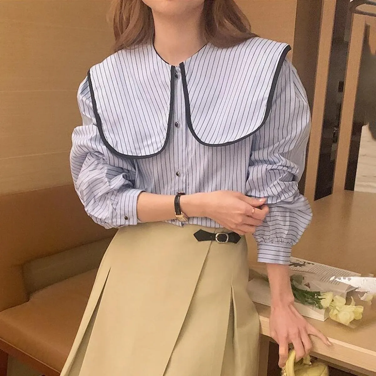 Chic autunno design di nicchia senso borsa colore bordo grande risvolto camicia casual a maniche lunghe a righe allentate da don