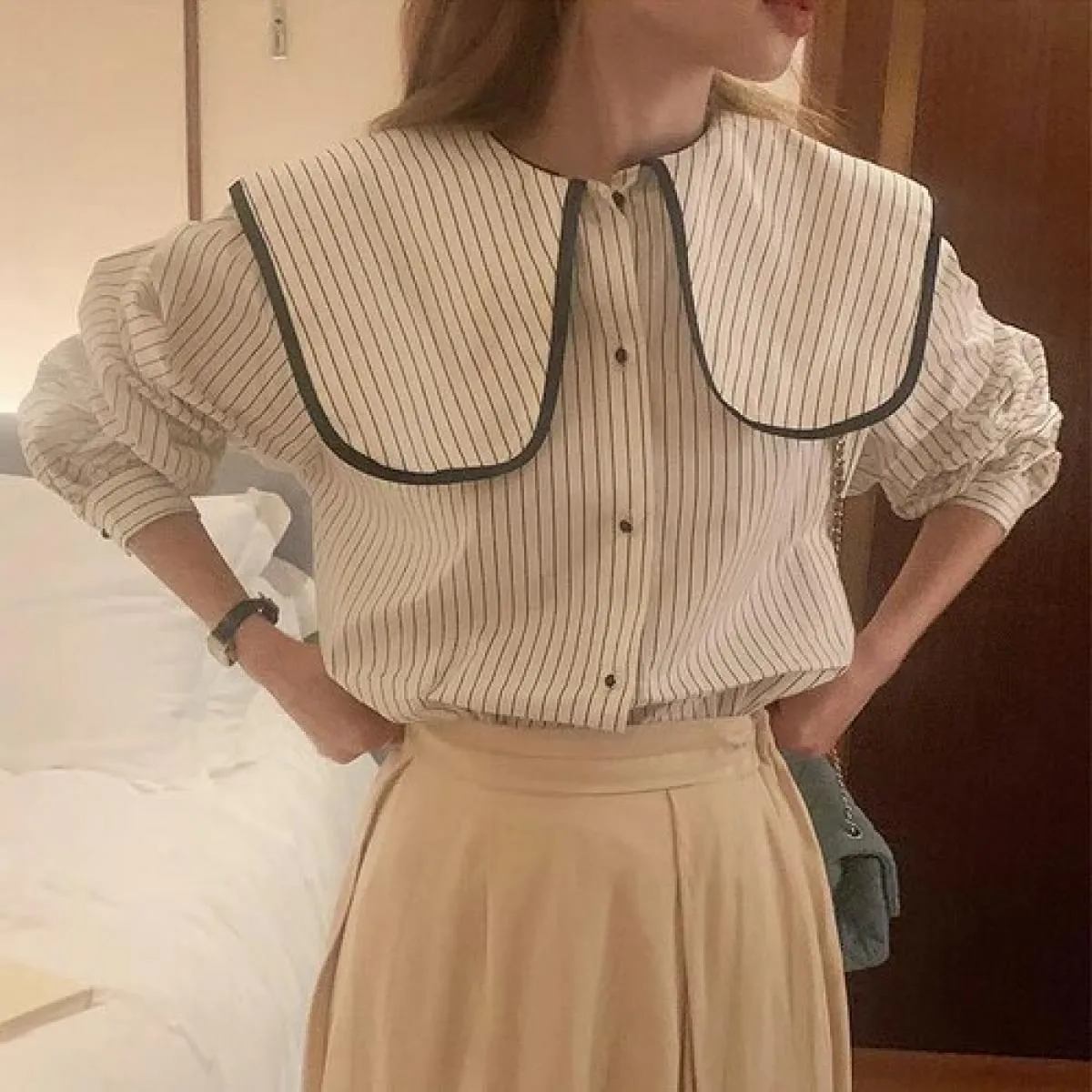 Chic autunno design di nicchia senso borsa colore bordo grande risvolto camicia casual a maniche lunghe a righe allentate da don