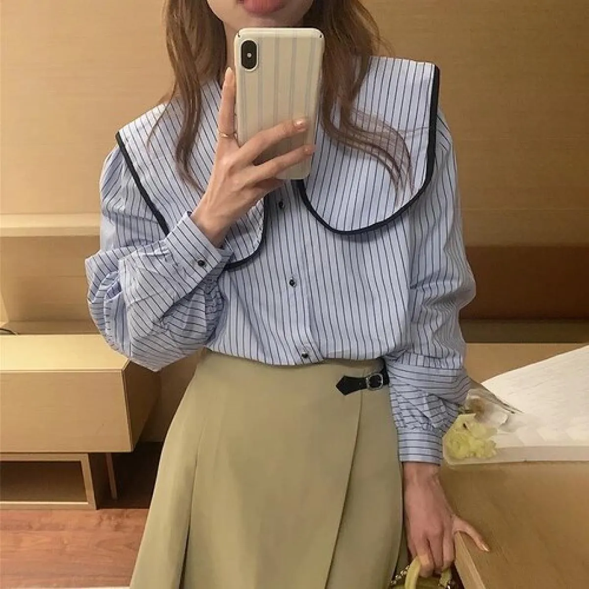 Chic autunno design di nicchia senso borsa colore bordo grande risvolto camicia casual a maniche lunghe a righe allentate da don
