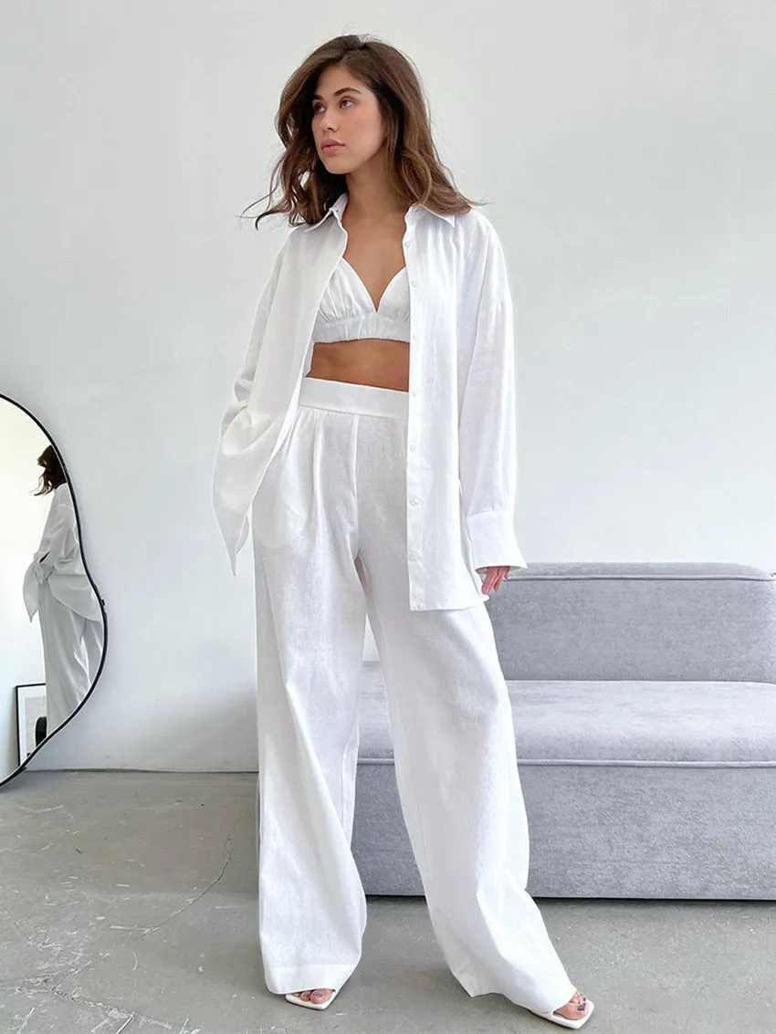 Completo Donna Tre Pezzi Top Camicia Pantalone Palazzo Lino Casual Comodo