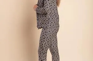 Completo pantalone con blazer elegante con stampa geometrica Nunzia, nero-beige