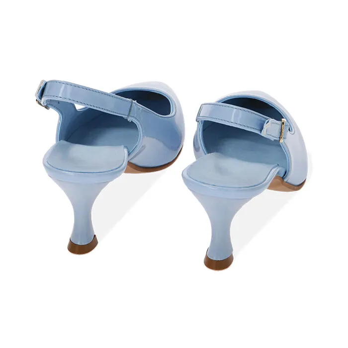 Décolleté slingback celesti in vernice, tacco 5,5 cm