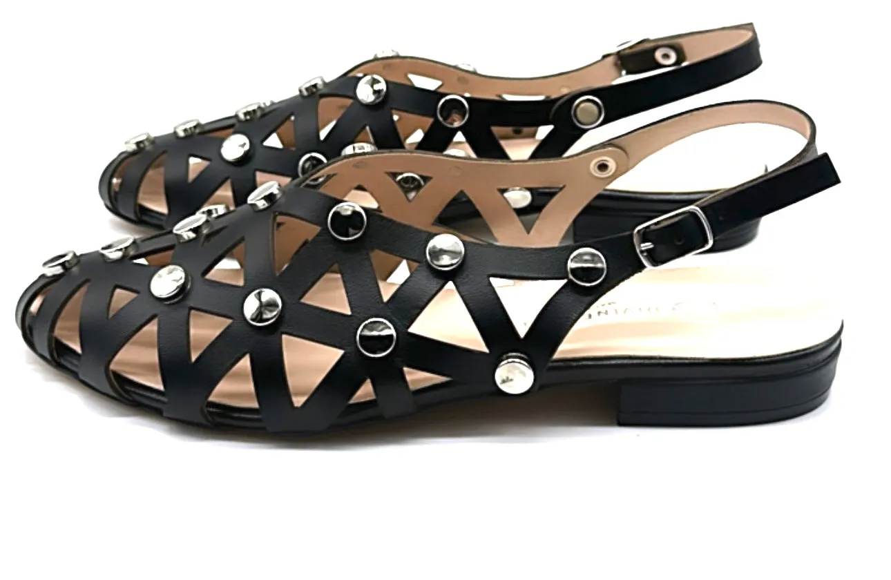 Divine Follie -Sandalo flat in pelle nera con borchie