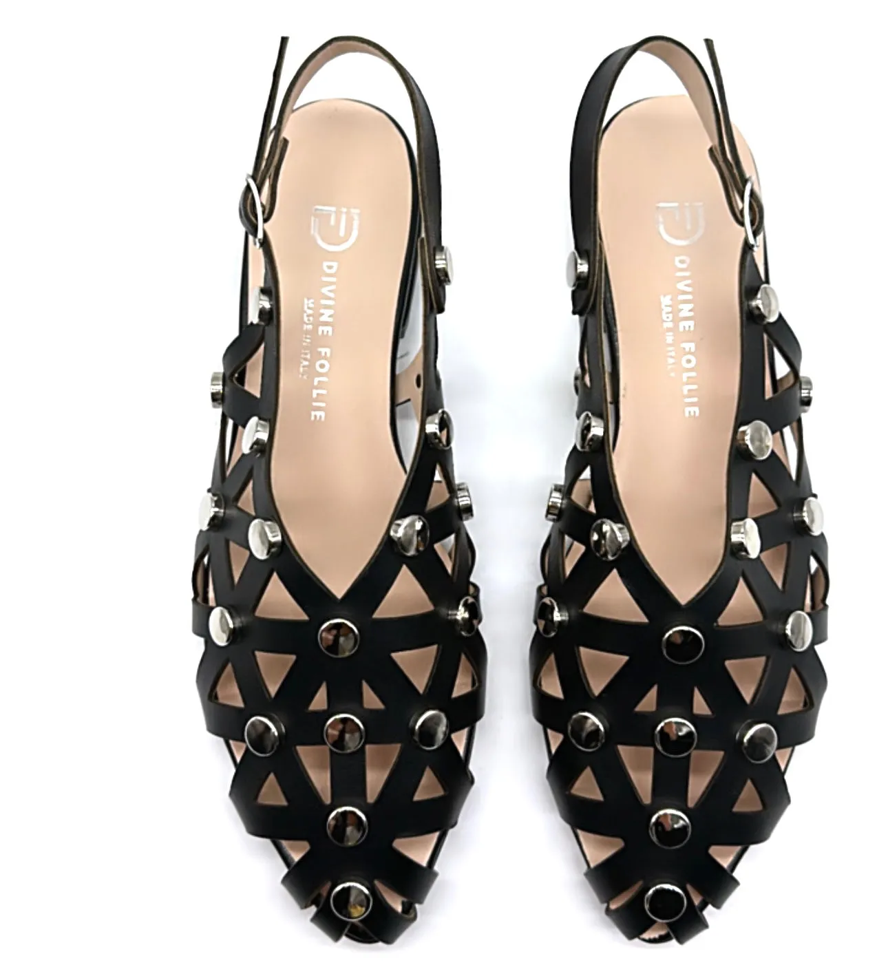 Divine Follie -Sandalo flat in pelle nera con borchie