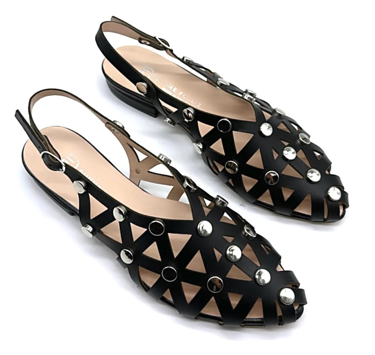Divine Follie -Sandalo flat in pelle nera con borchie