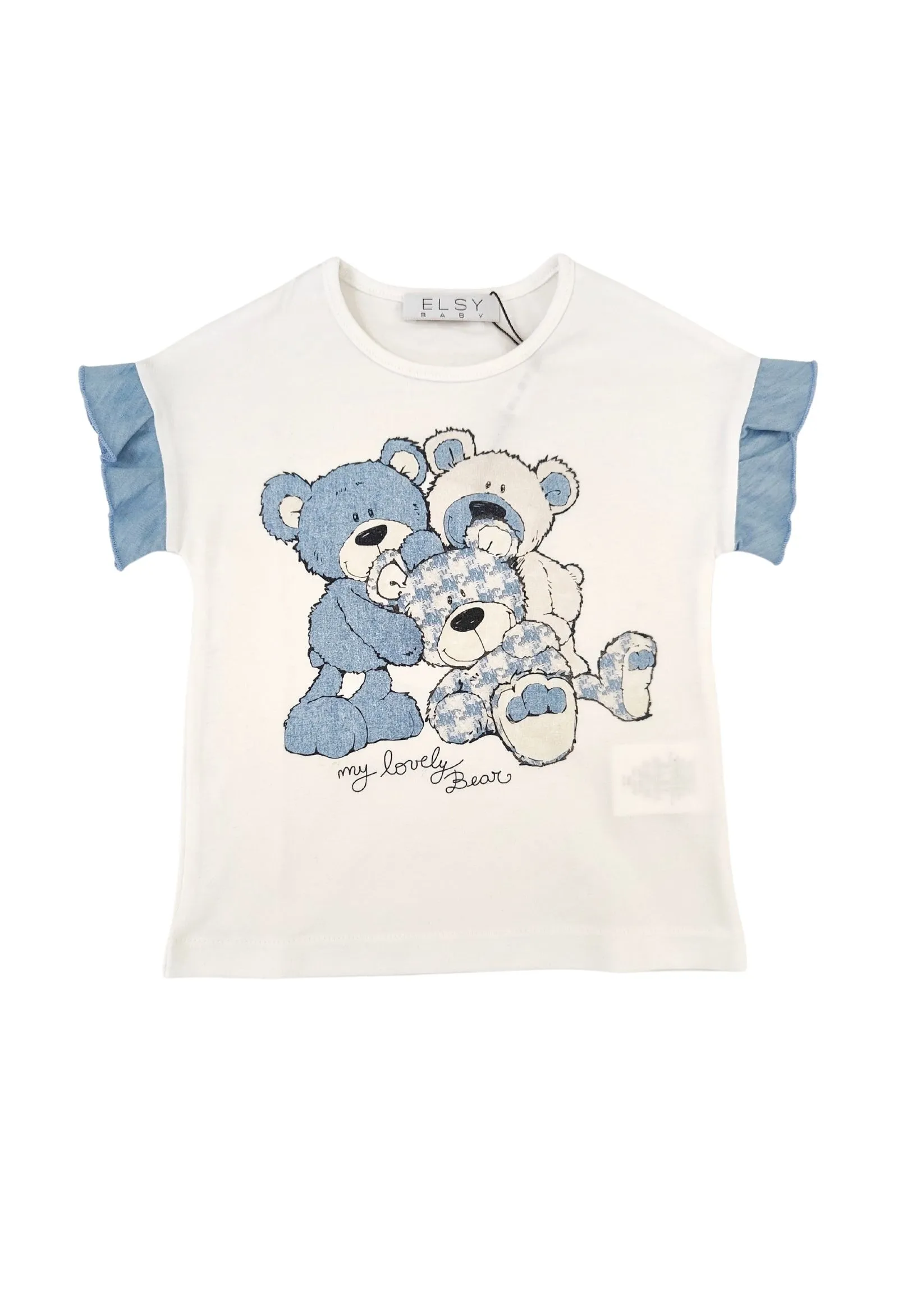 elsy  t-shirt bianca con rouches azzurra