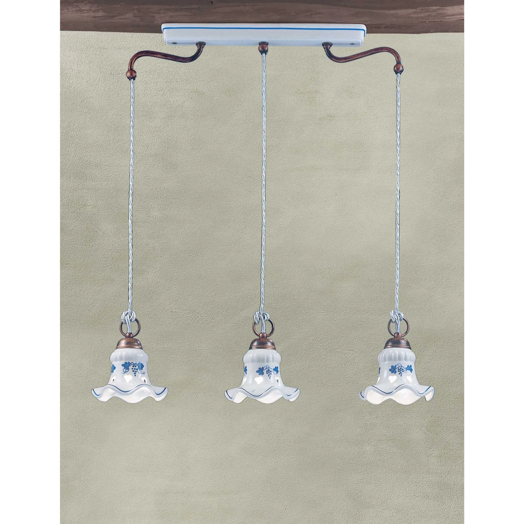 FerroLuce  Lampada a sospensione rustica con 3 pendenti in ceramica decorati a mano Chieti - 42W