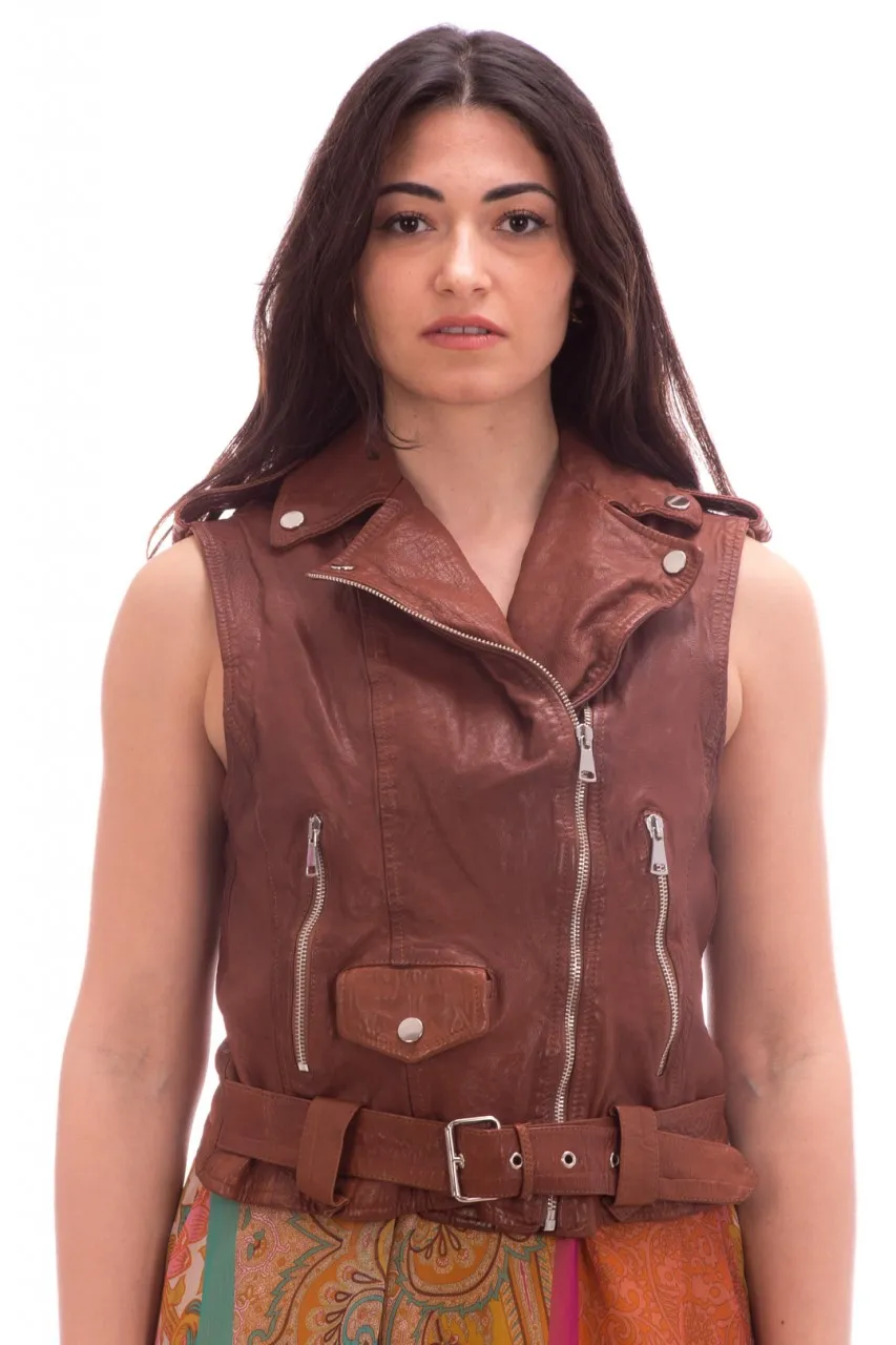 Gilet corto in pelle con zip e cintura Cuoio
