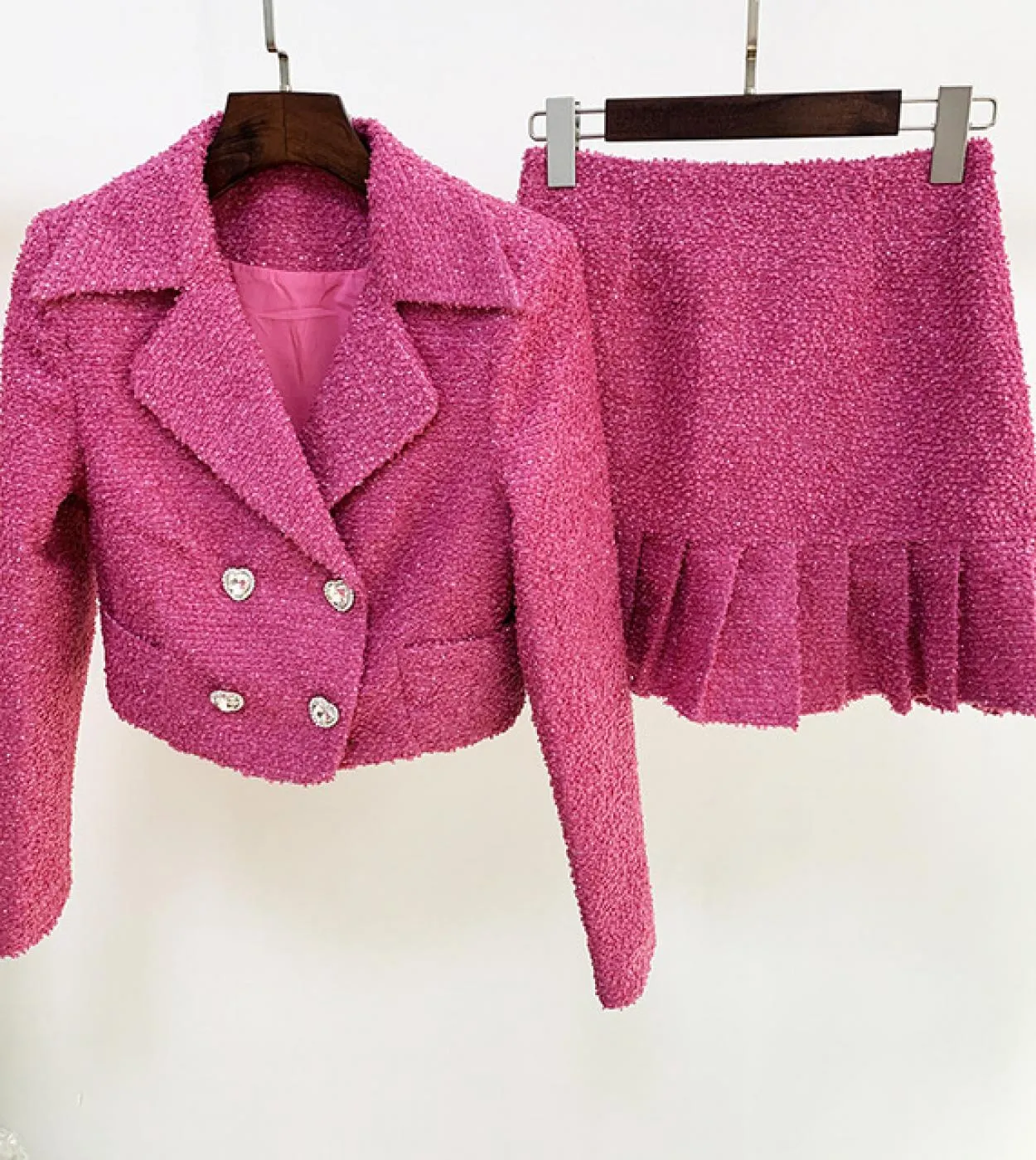Gonna rosa Abito a due pezzi Bottone a forma di cuore con bottoni Autunno Inverno Nuova giacca corta di lana Abito con gonna a v