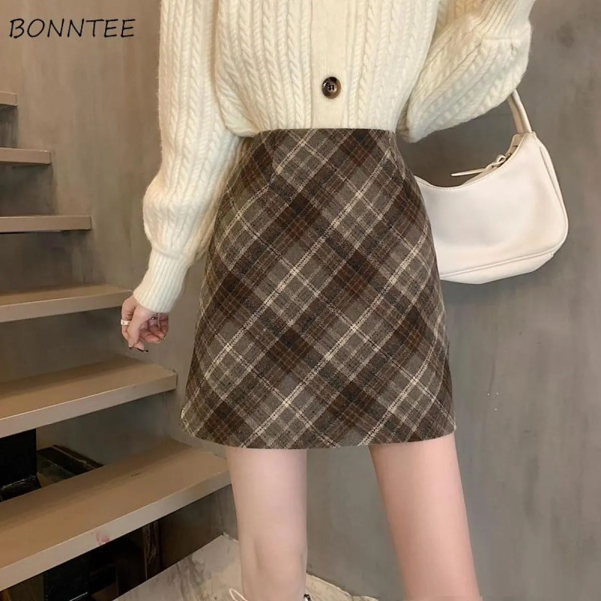 Gonne da donna in lana tenera moda a vita alta retrò scozzese elegante una linea casual da donna minimalista tutto abbinato stil