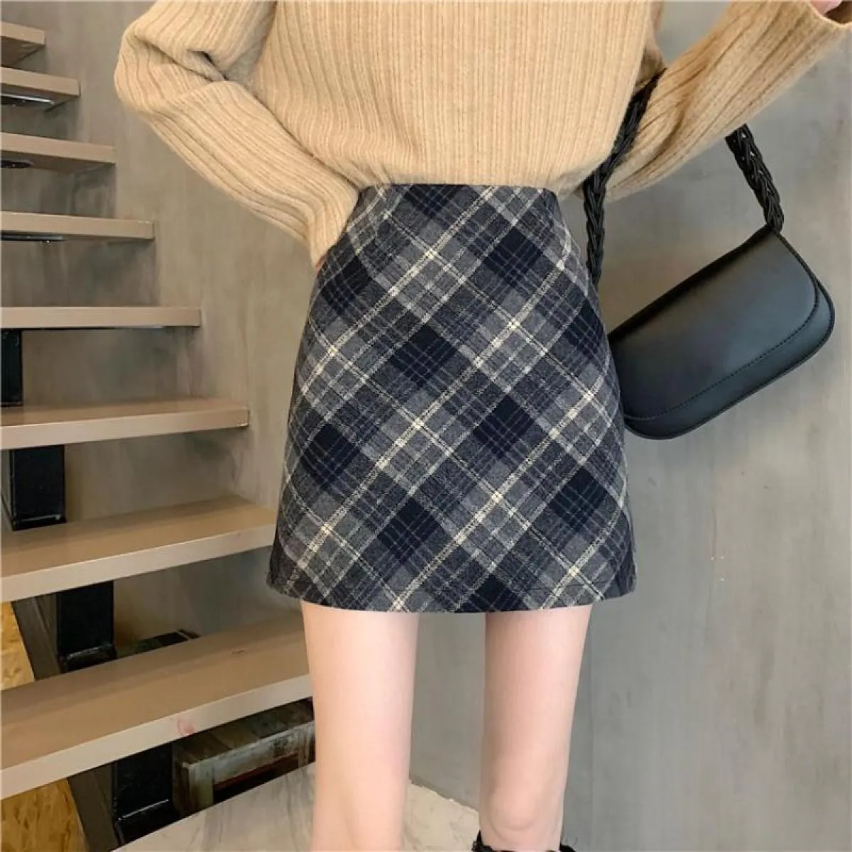Gonne da donna in lana tenera moda a vita alta retrò scozzese elegante una linea casual da donna minimalista tutto abbinato stil