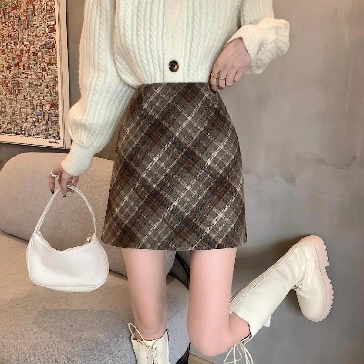 Gonne da donna in lana tenera moda a vita alta retrò scozzese elegante una linea casual da donna minimalista tutto abbinato stil