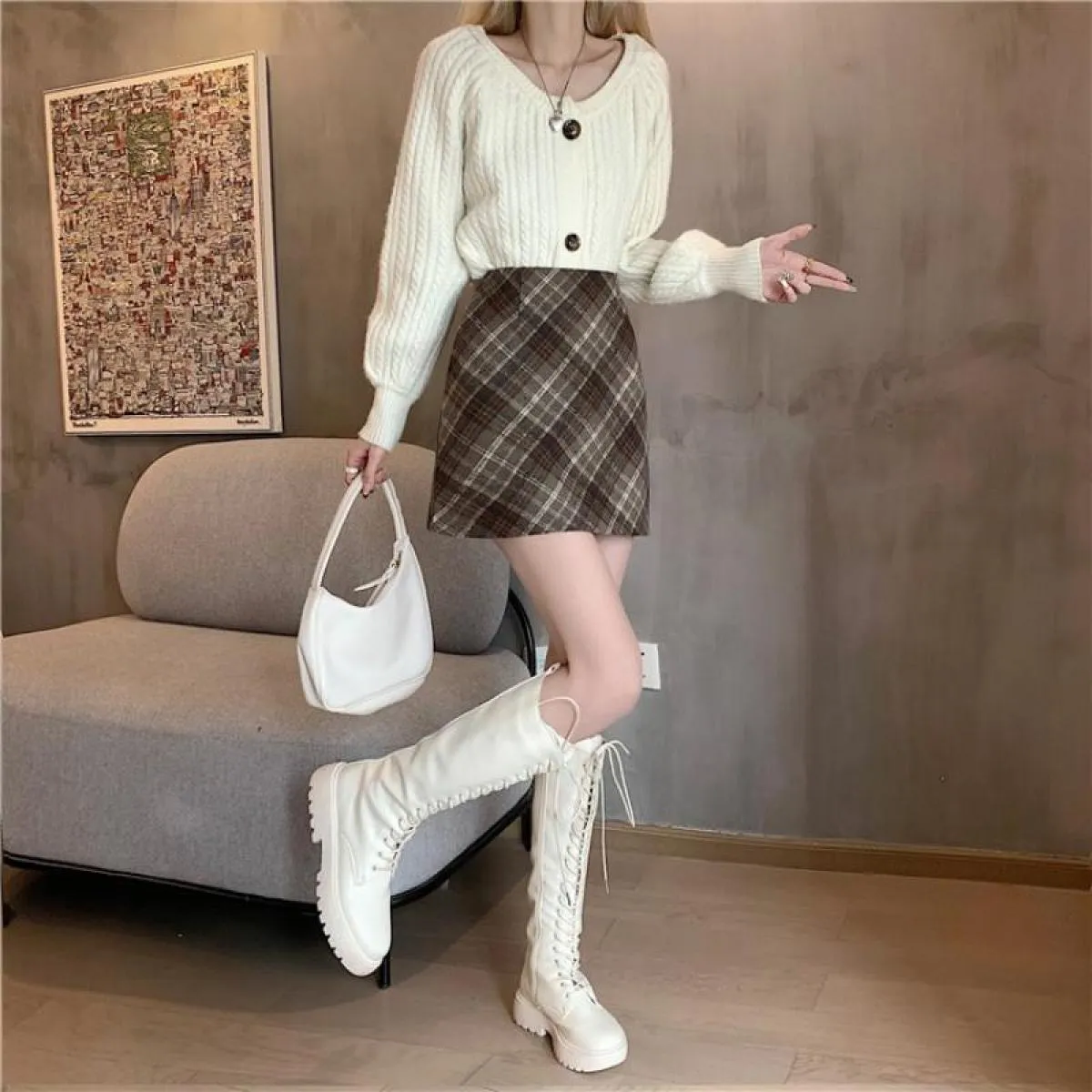 Gonne da donna in lana tenera moda a vita alta retrò scozzese elegante una linea casual da donna minimalista tutto abbinato stil