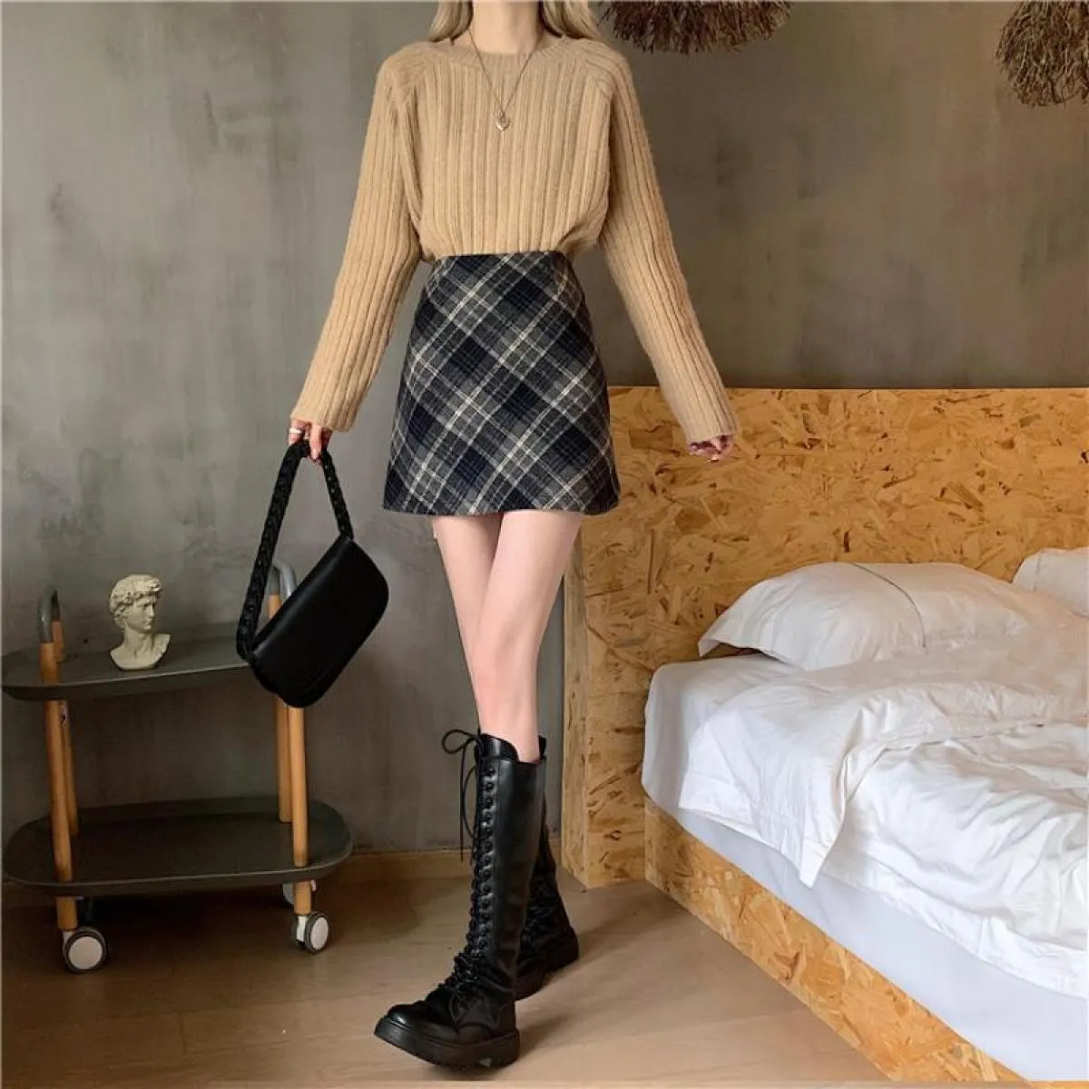 Gonne da donna in lana tenera moda a vita alta retrò scozzese elegante una linea casual da donna minimalista tutto abbinato stil