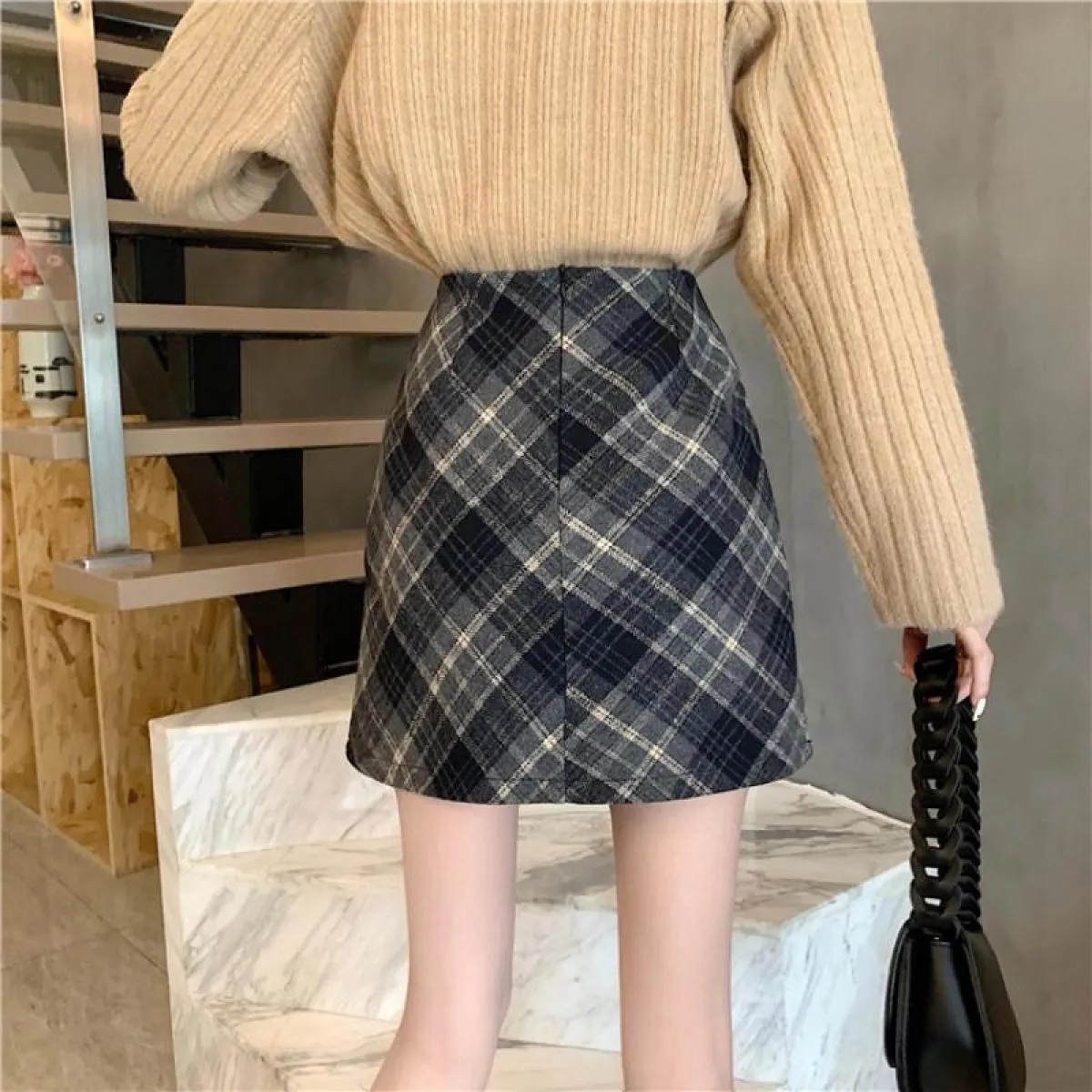 Gonne da donna in lana tenera moda a vita alta retrò scozzese elegante una linea casual da donna minimalista tutto abbinato stil