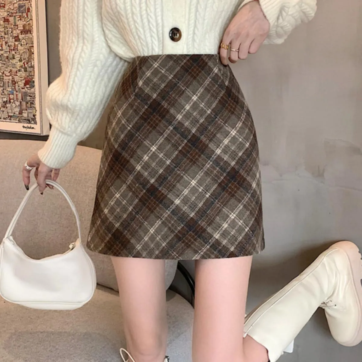 Gonne da donna in lana tenera moda a vita alta retrò scozzese elegante una linea casual da donna minimalista tutto abbinato stil
