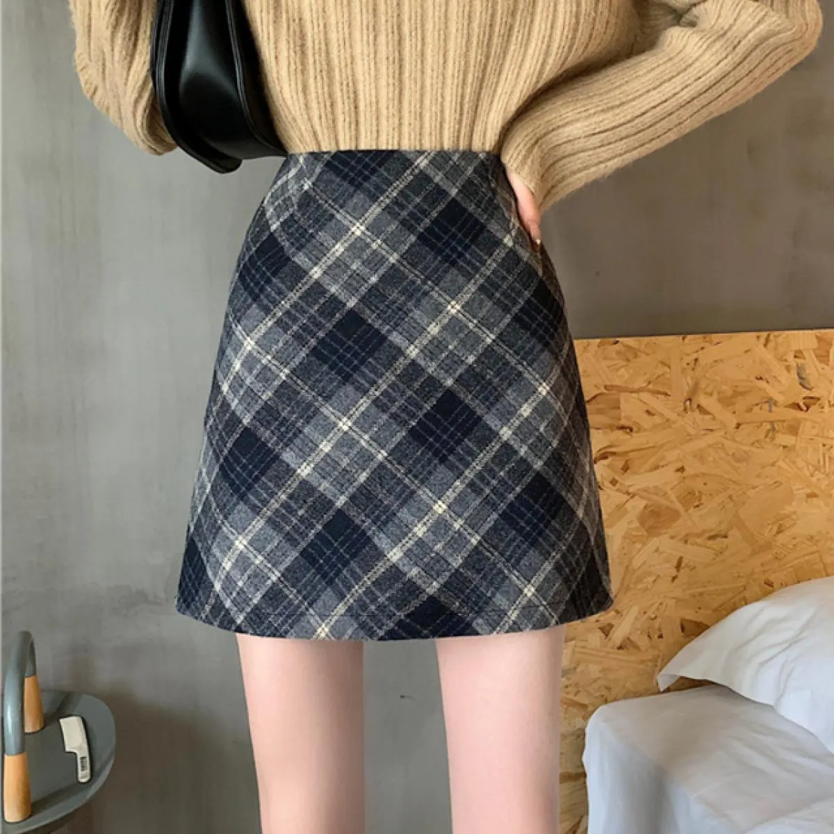 Gonne da donna in lana tenera moda a vita alta retrò scozzese elegante una linea casual da donna minimalista tutto abbinato stil