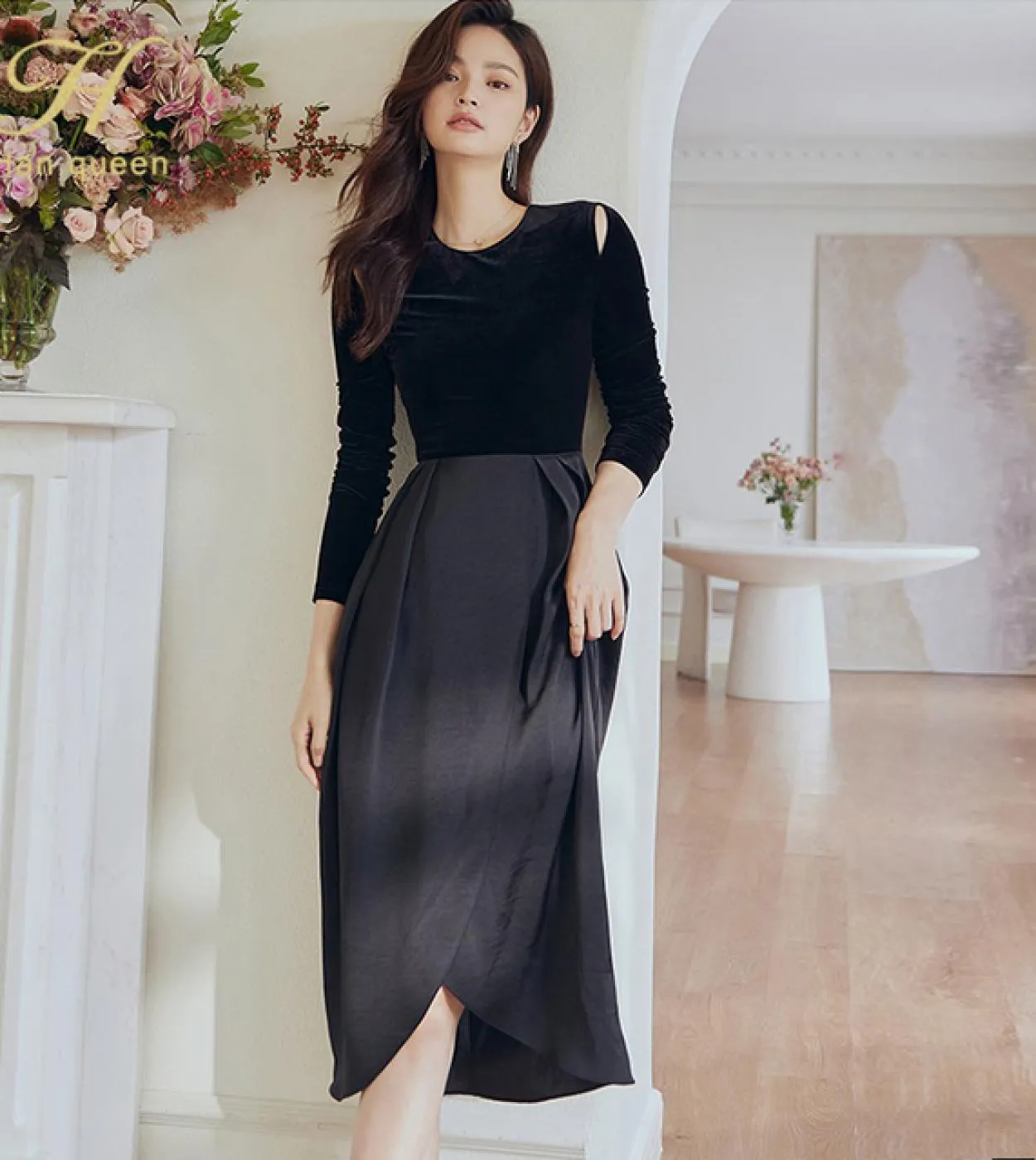 H Han Queen francese irregolare retrò patchwork abiti in velluto donna autunno abiti vintage elegante semplice ufficio casual