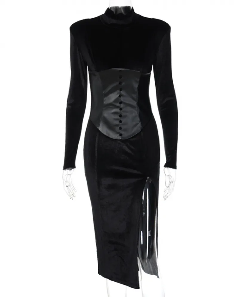 Hirigin Pu Patchwork Manica Lunga Velluto Corsetto Abito Midi Spacco Laterale Hi