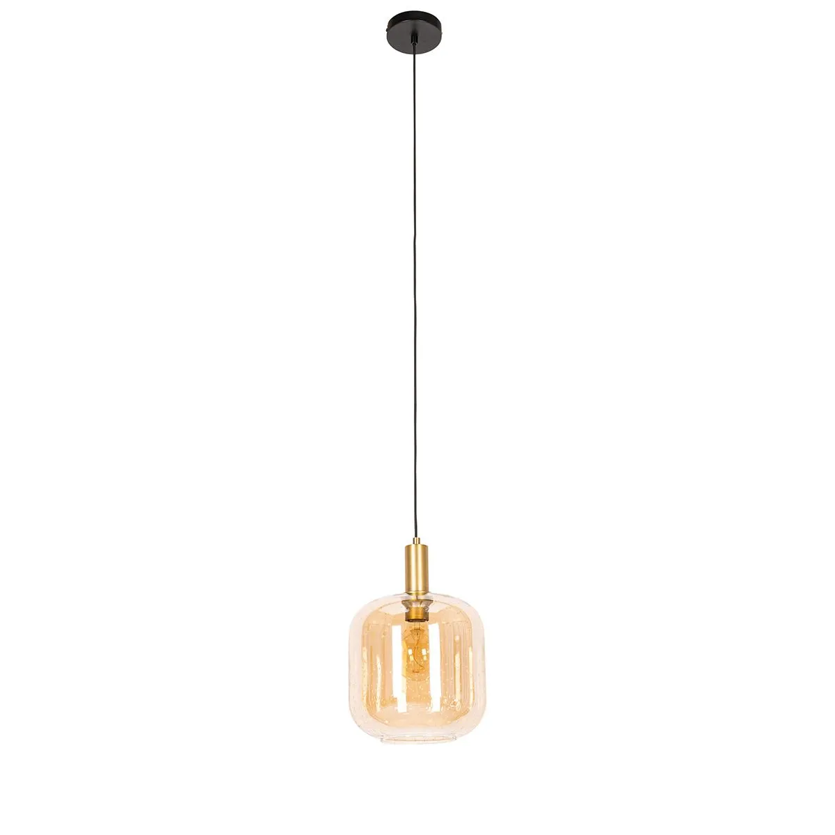 Lampada a sospensione di design nera con ottone e vetro ambra - Zuzanna