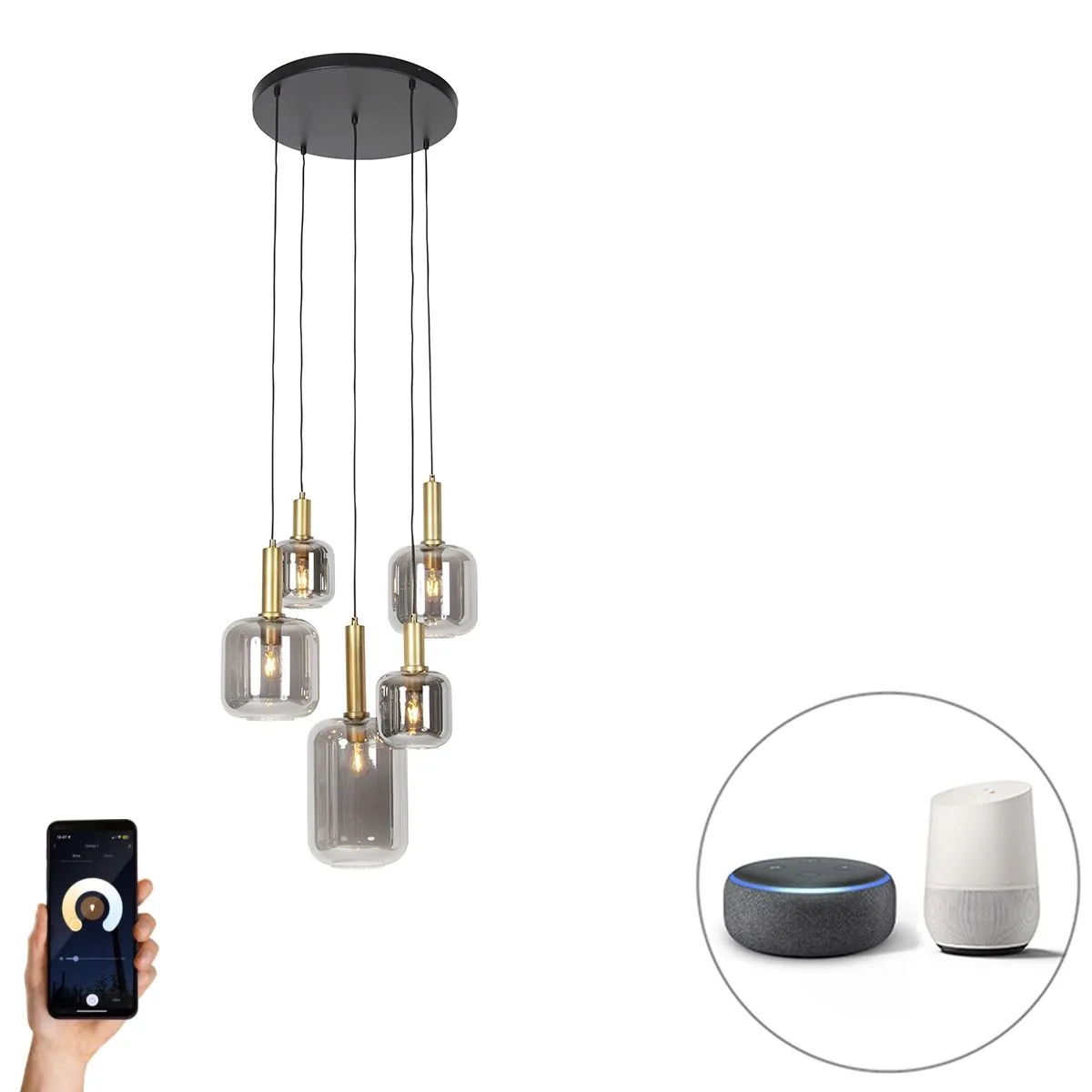 Lampada a sospensione intelligente nero con oro con vetro fumé inclusi 5 WiFi A60 - Zuzanna