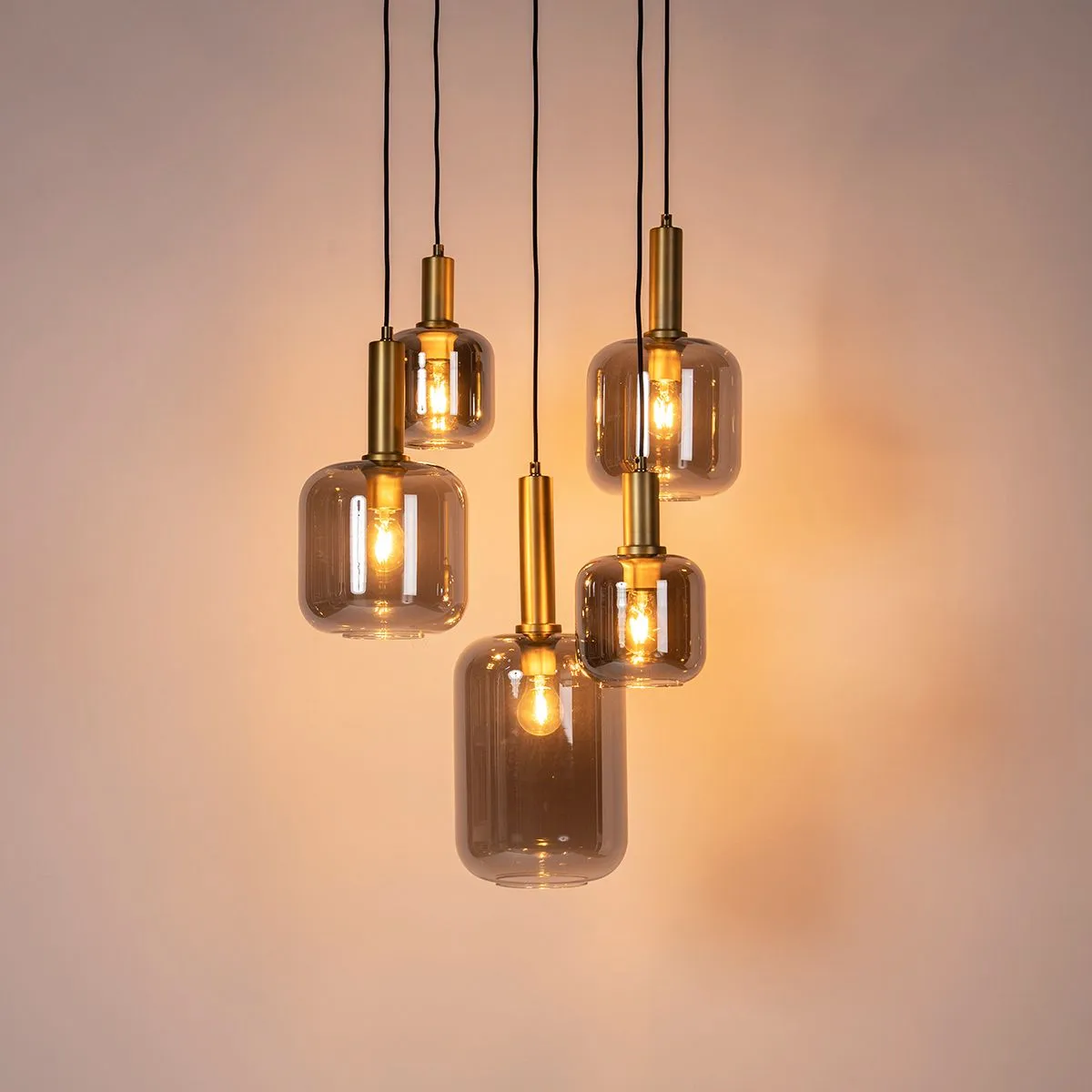 Lampada a sospensione intelligente nero con oro con vetro fumé inclusi 5 WiFi A60 - Zuzanna