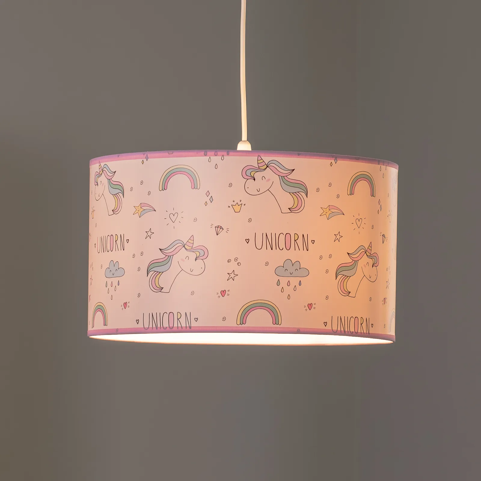 Lampada a sospensione Unicorno, bianca, con motivo a unicorno
