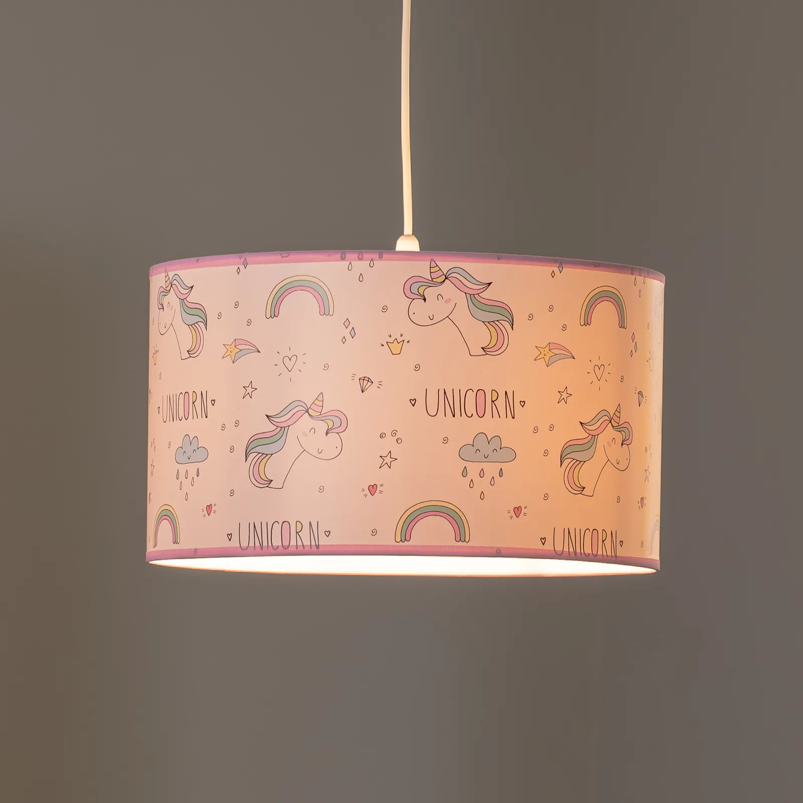 Lampada a sospensione Unicorno, bianca, con motivo a unicorno