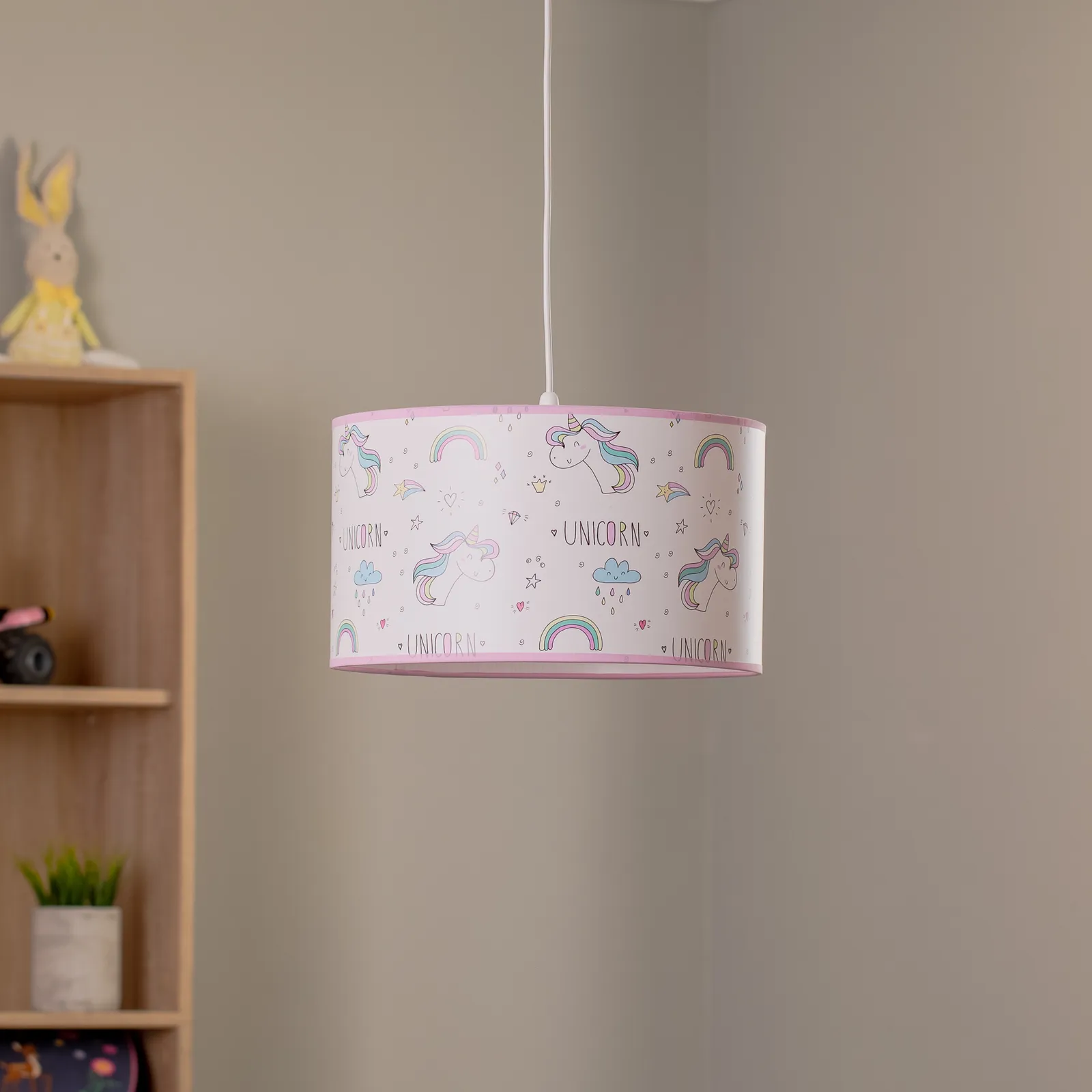 Lampada a sospensione Unicorno, bianca, con motivo a unicorno