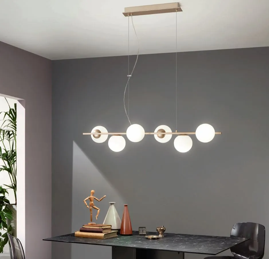Lampadario 6 Luci Oro Sfere Vetro Bianco Per Sala Da Pranzo Monile Ondaluce