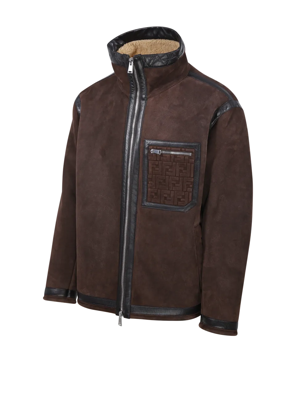 MEN FENDI BROWN LAMB LEATHER SHEARLING JACKET