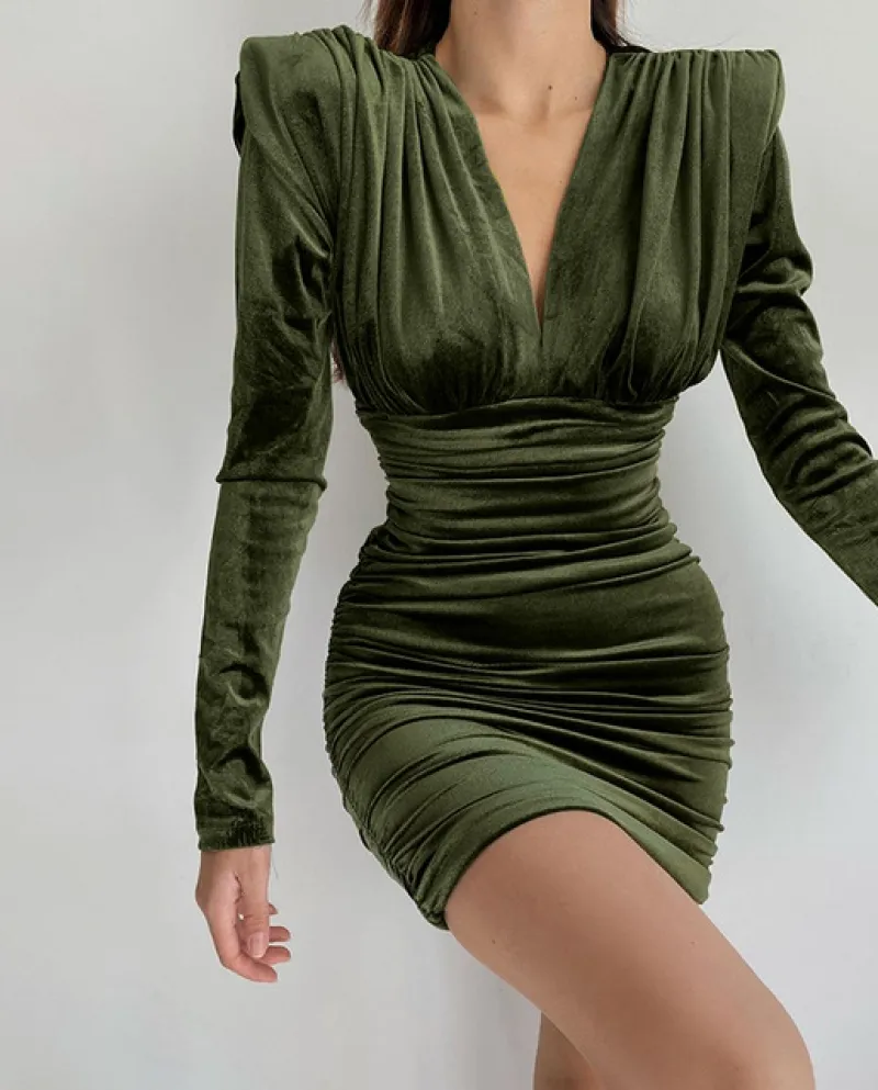 Mini abito avvolgente in velluto arricciato moda elegante manica lunga Hirigin per