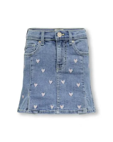 Mini gonna in jeans a lavaggio chiaro in cotone stretch con cuori ricamati 2-7 anni