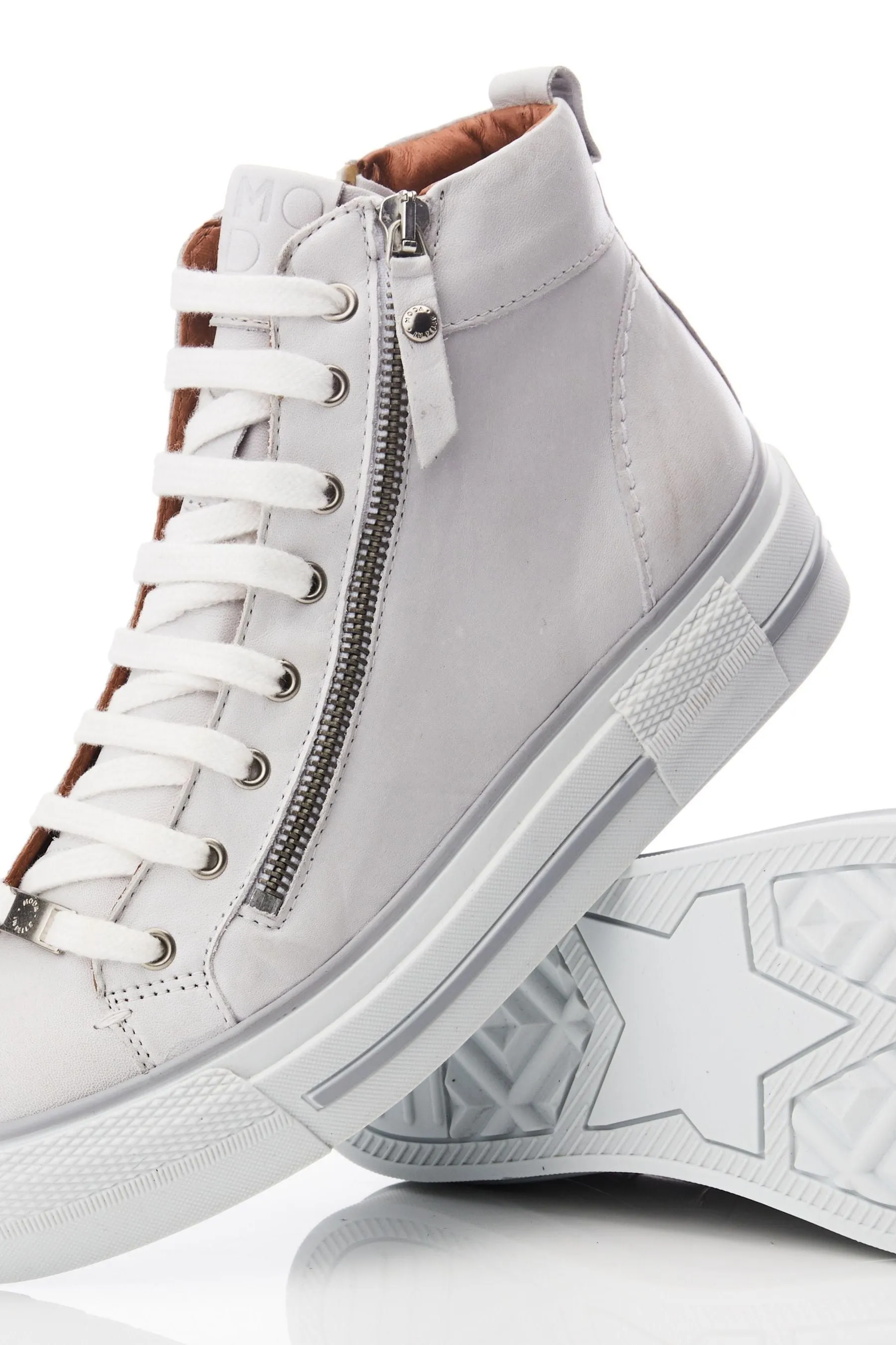 Moda in Pelle Annaken - Scarpe da ginnastica alte con suola spessa Pizzo Bianco - Scarpette da ginnastica