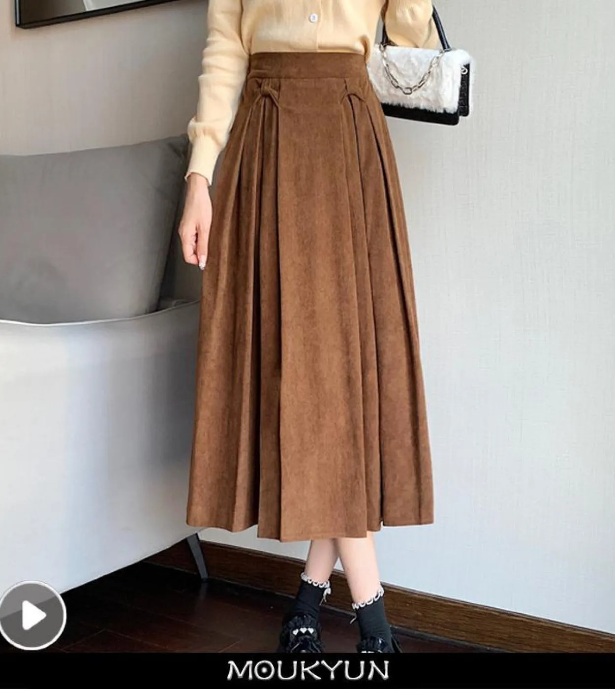 Moukyun Gonna A Trapezio Spessa Autunno Moda Donna College Vita Alta Gonne Midi Donna Elegante Gonna A Pieghe Preppy Fald