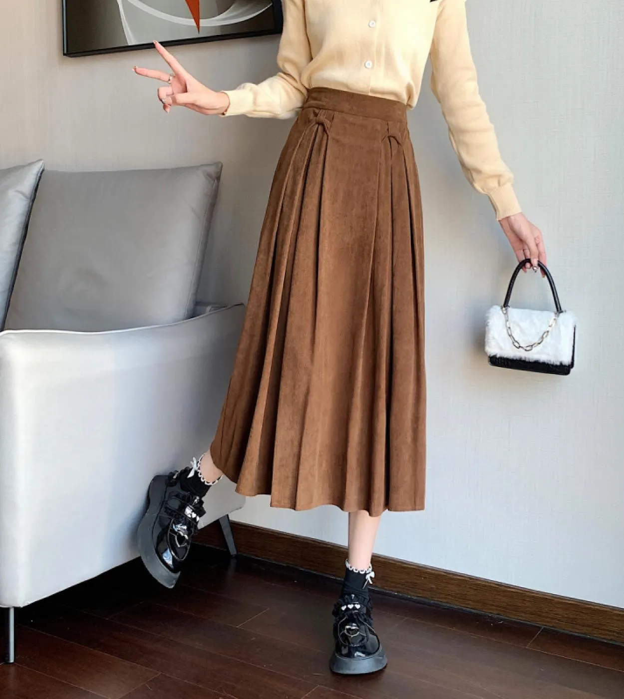 Moukyun Gonna A Trapezio Spessa Autunno Moda Donna College Vita Alta Gonne Midi Donna Elegante Gonna A Pieghe Preppy Fald