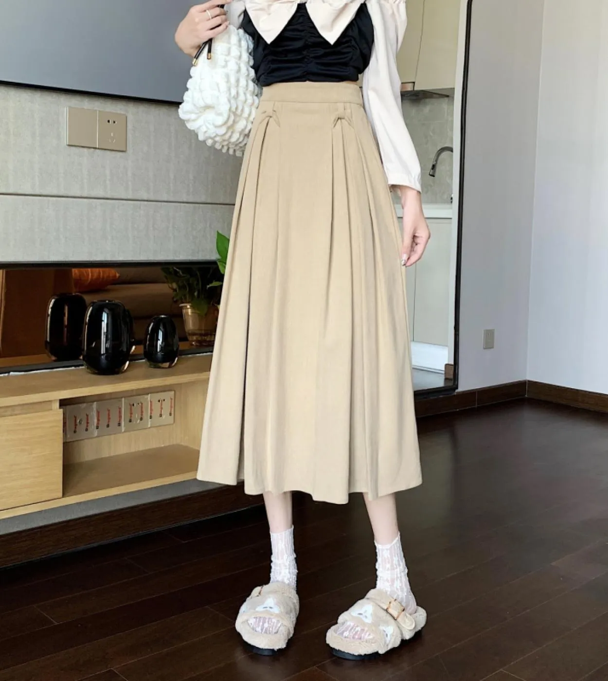 Moukyun Gonna A Trapezio Spessa Autunno Moda Donna College Vita Alta Gonne Midi Donna Elegante Gonna A Pieghe Preppy Fald