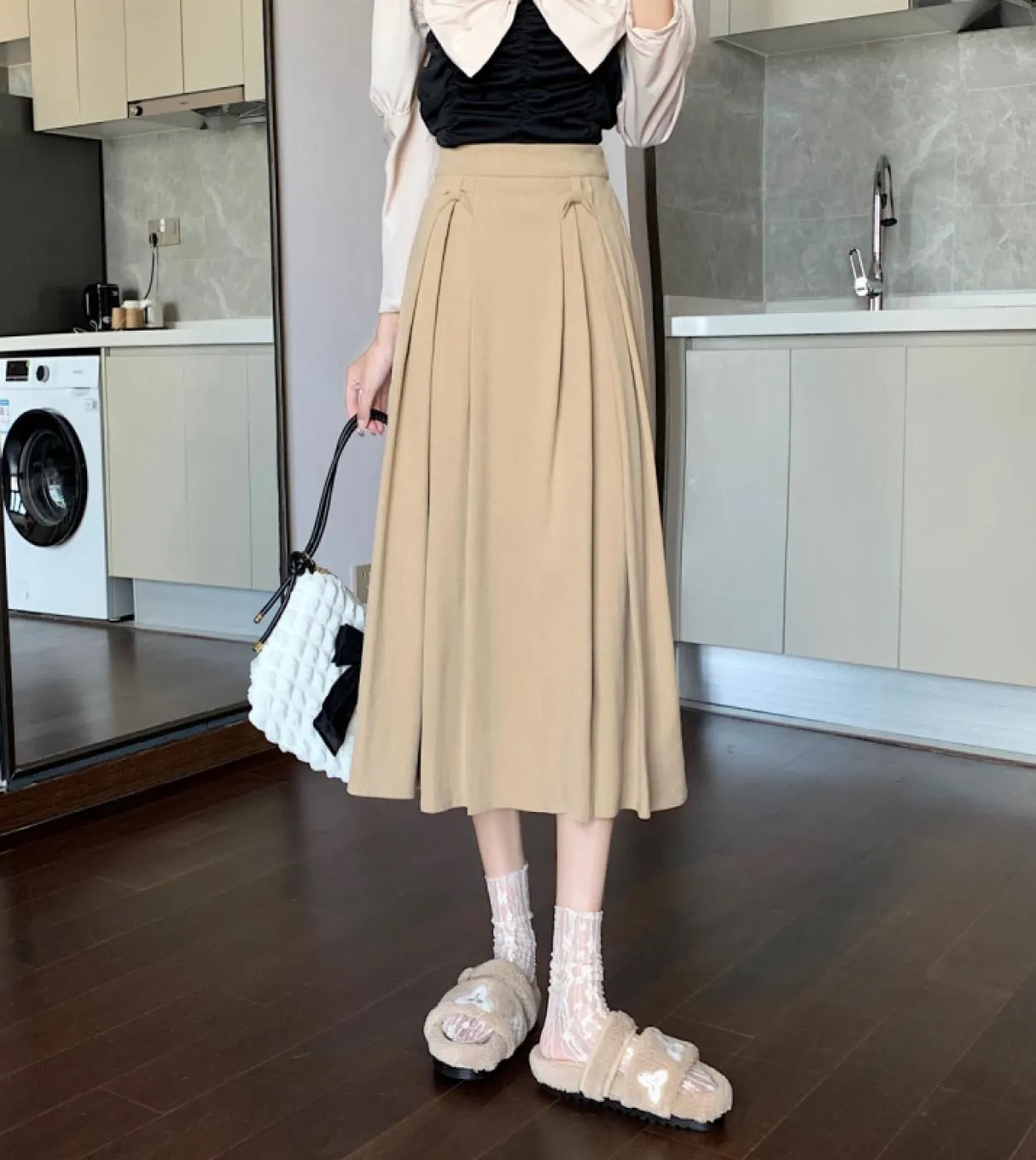 Moukyun Gonna A Trapezio Spessa Autunno Moda Donna College Vita Alta Gonne Midi Donna Elegante Gonna A Pieghe Preppy Fald
