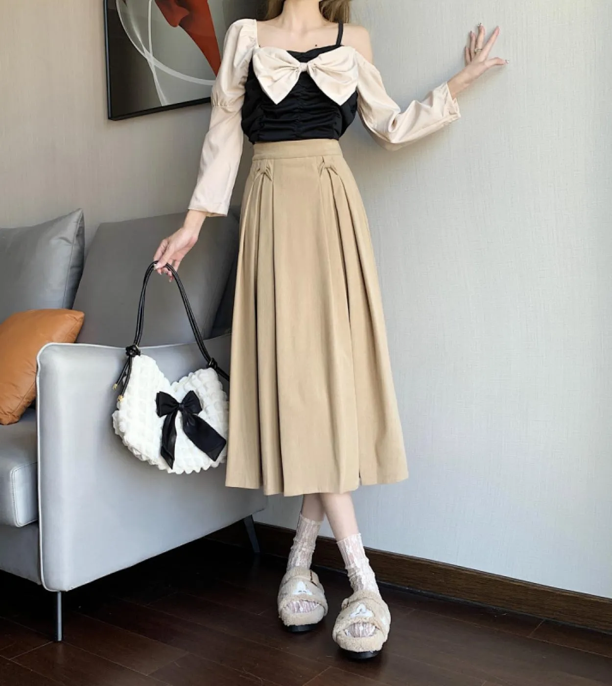 Moukyun Gonna A Trapezio Spessa Autunno Moda Donna College Vita Alta Gonne Midi Donna Elegante Gonna A Pieghe Preppy Fald