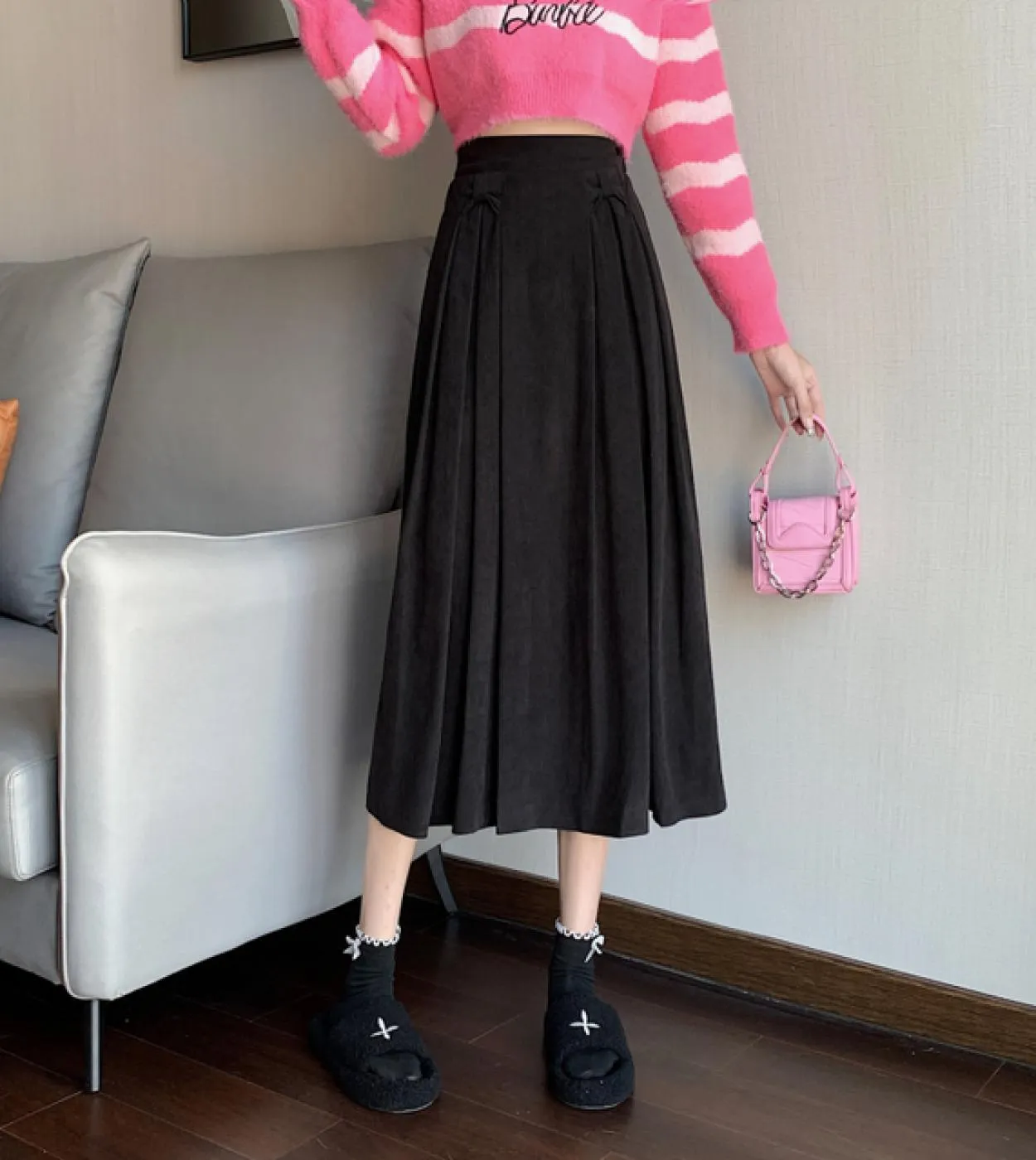 Moukyun Gonna A Trapezio Spessa Autunno Moda Donna College Vita Alta Gonne Midi Donna Elegante Gonna A Pieghe Preppy Fald