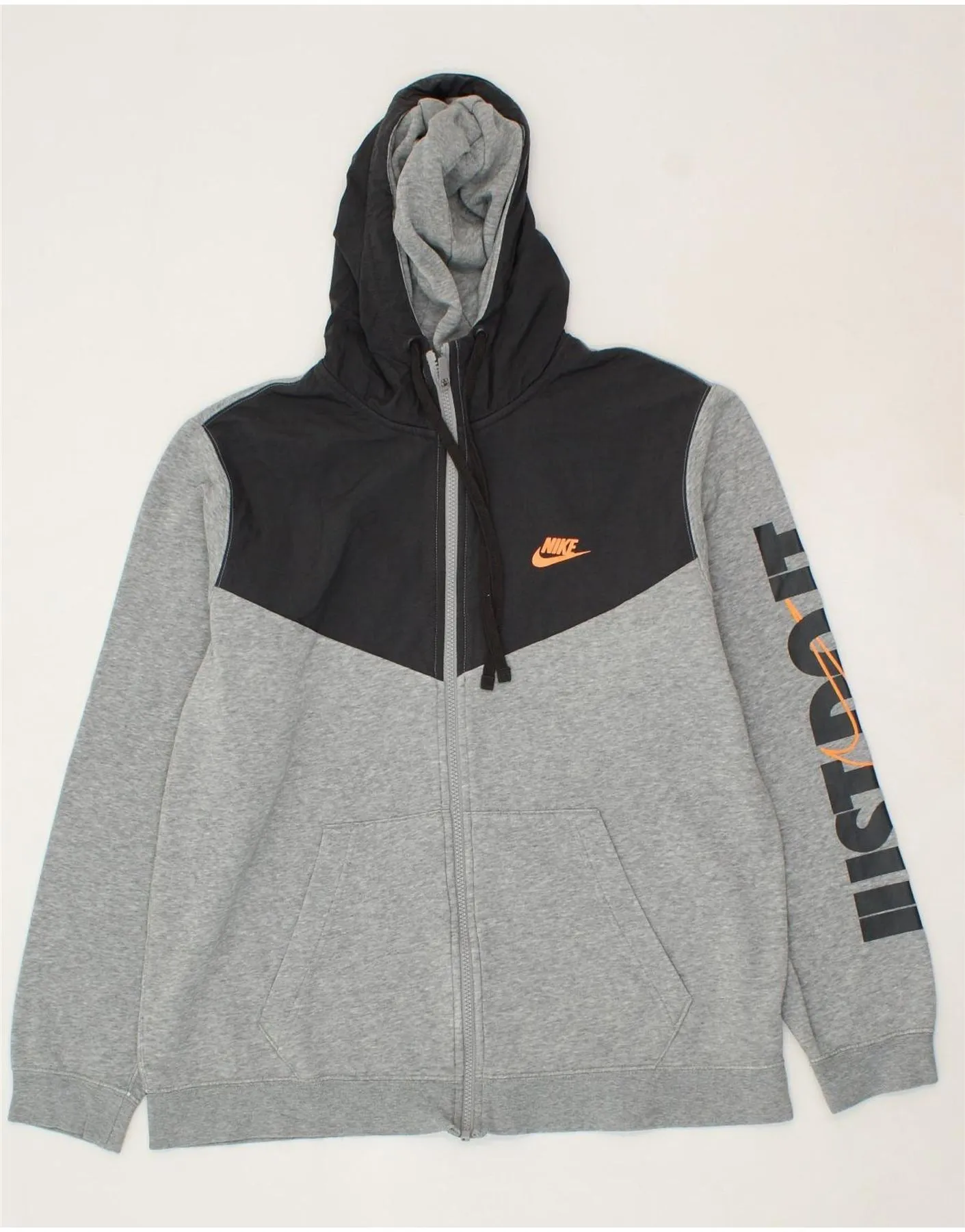 NIKE Mens Graphic Zip Hoodie Sweater Large Grey Colourblock Cotton