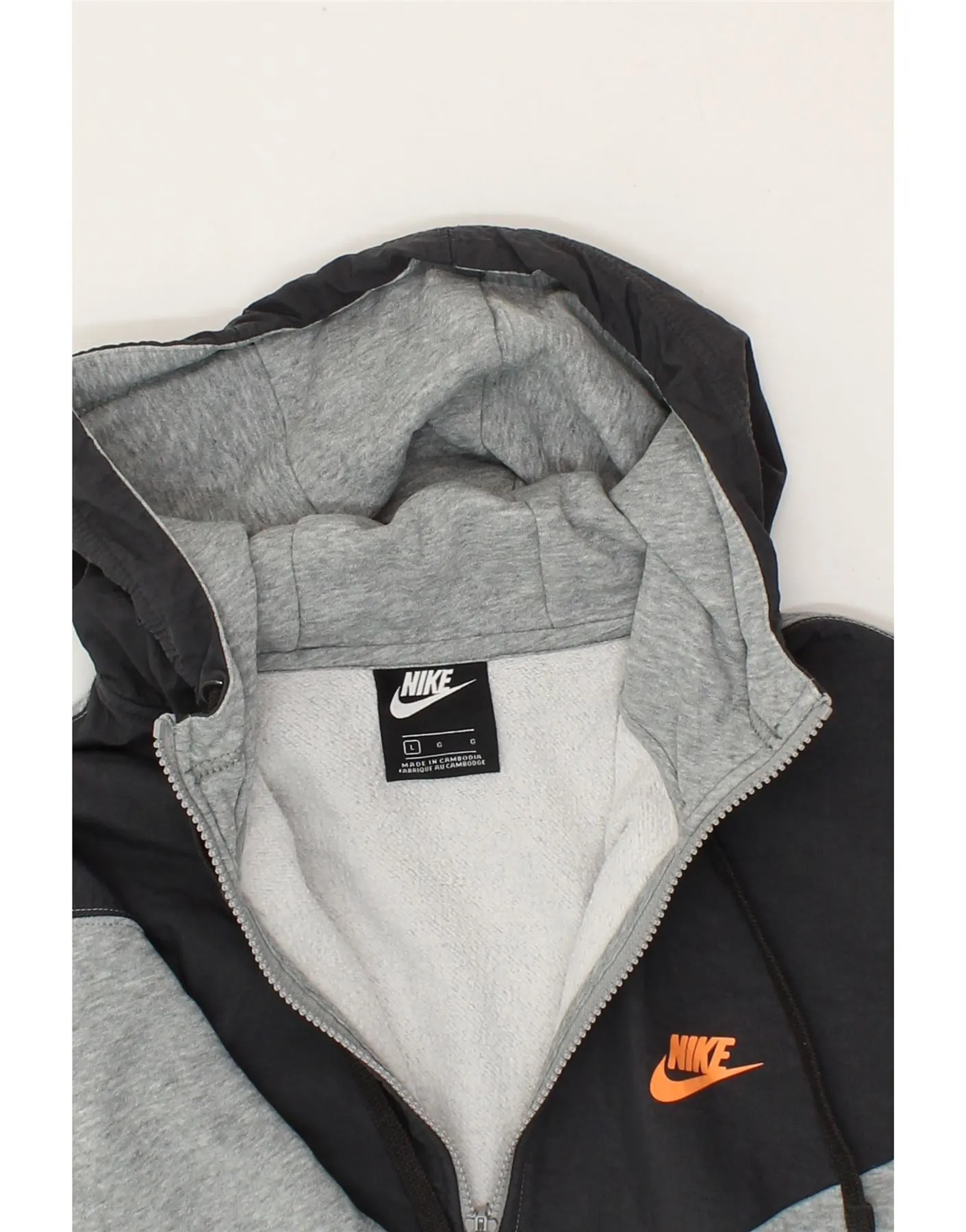 NIKE Mens Graphic Zip Hoodie Sweater Large Grey Colourblock Cotton