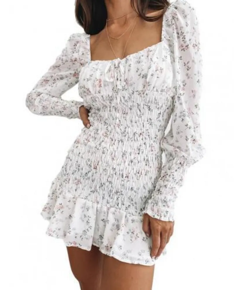 Nuove donne pieghettate increspato vestito floreale da donna temperamento aperto sul retro