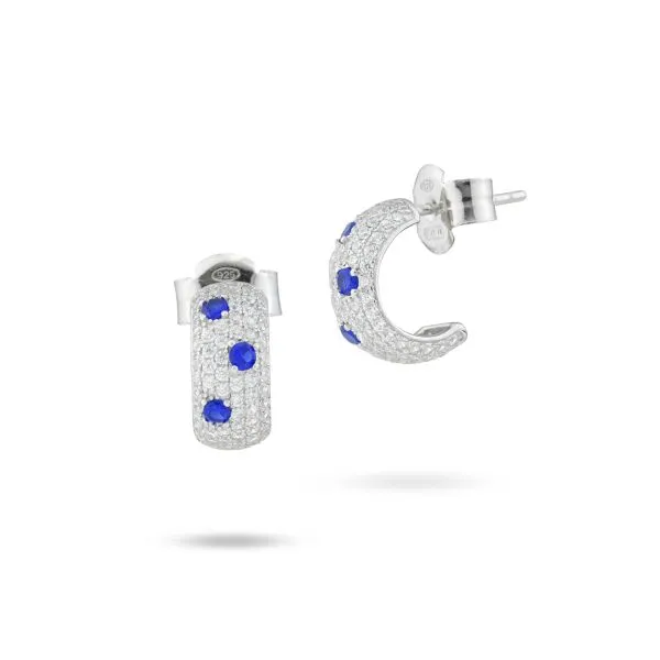 OR879B Orecchini a semicerchio pavettato con zirconi blu    