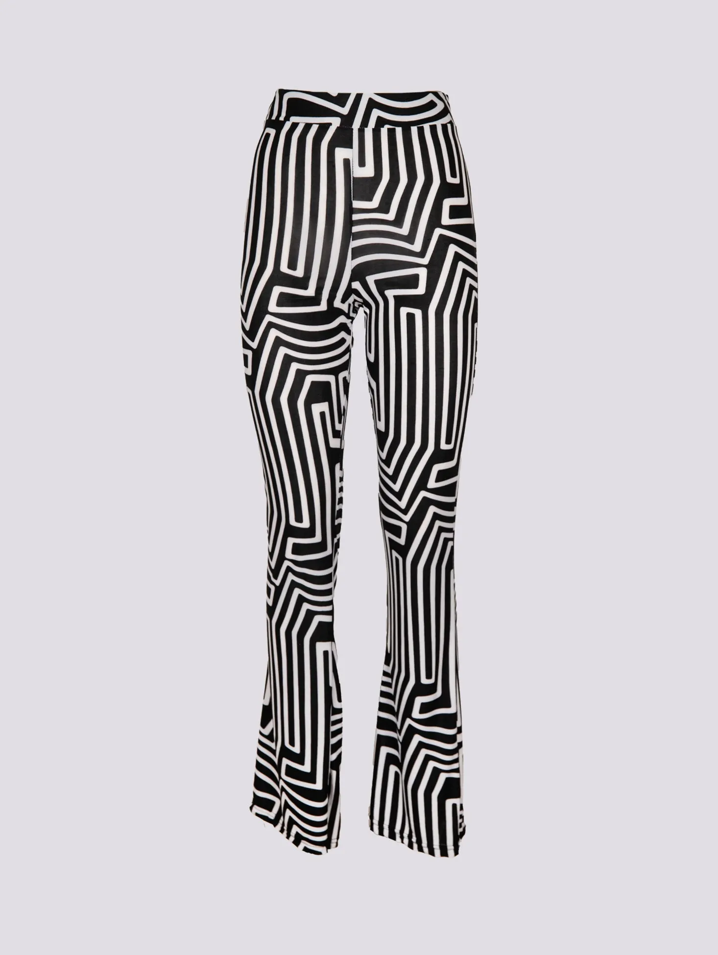 Pantalone a zampa in fantasia geometrica bianca e nera