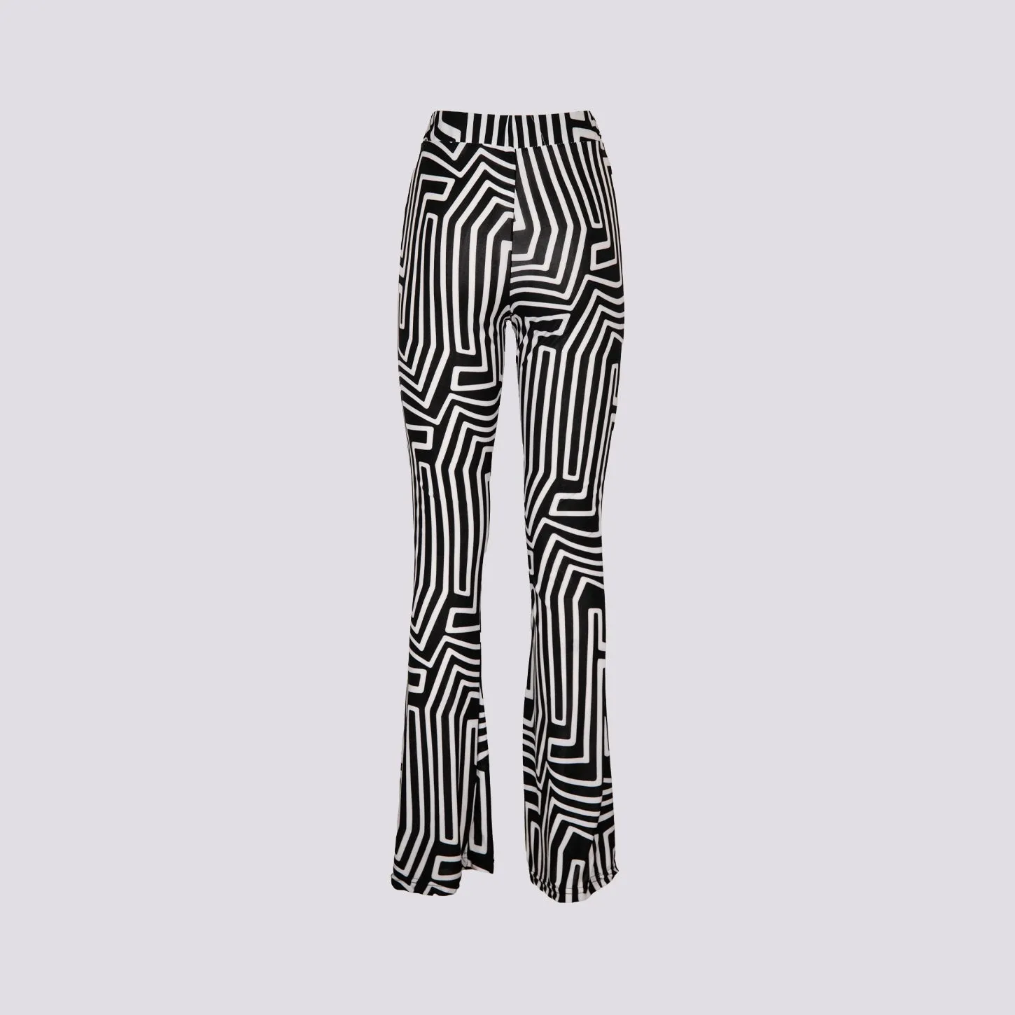 Pantalone a zampa in fantasia geometrica bianca e nera